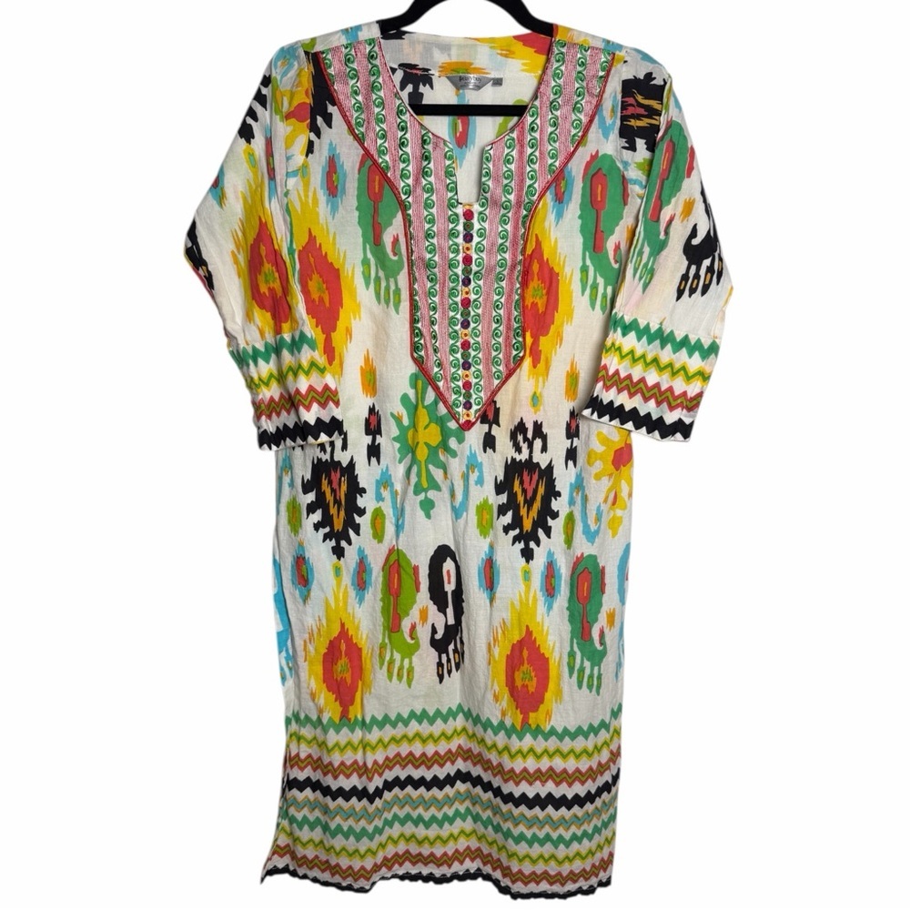 Boho Festival Geometric Tunic Resort Ikat Embroidered 100% Cotton Blouse Size L - Picture 3 of 10
